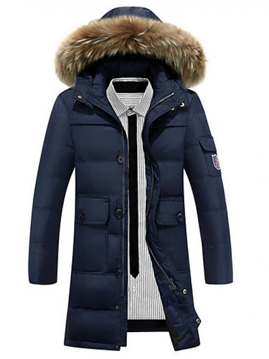 Men's Down Coat,Simple Plus Size / Casual/Daily Solid-Polyester White Goose Down Long Sleeve Blue / Red / Black / Brown / Green